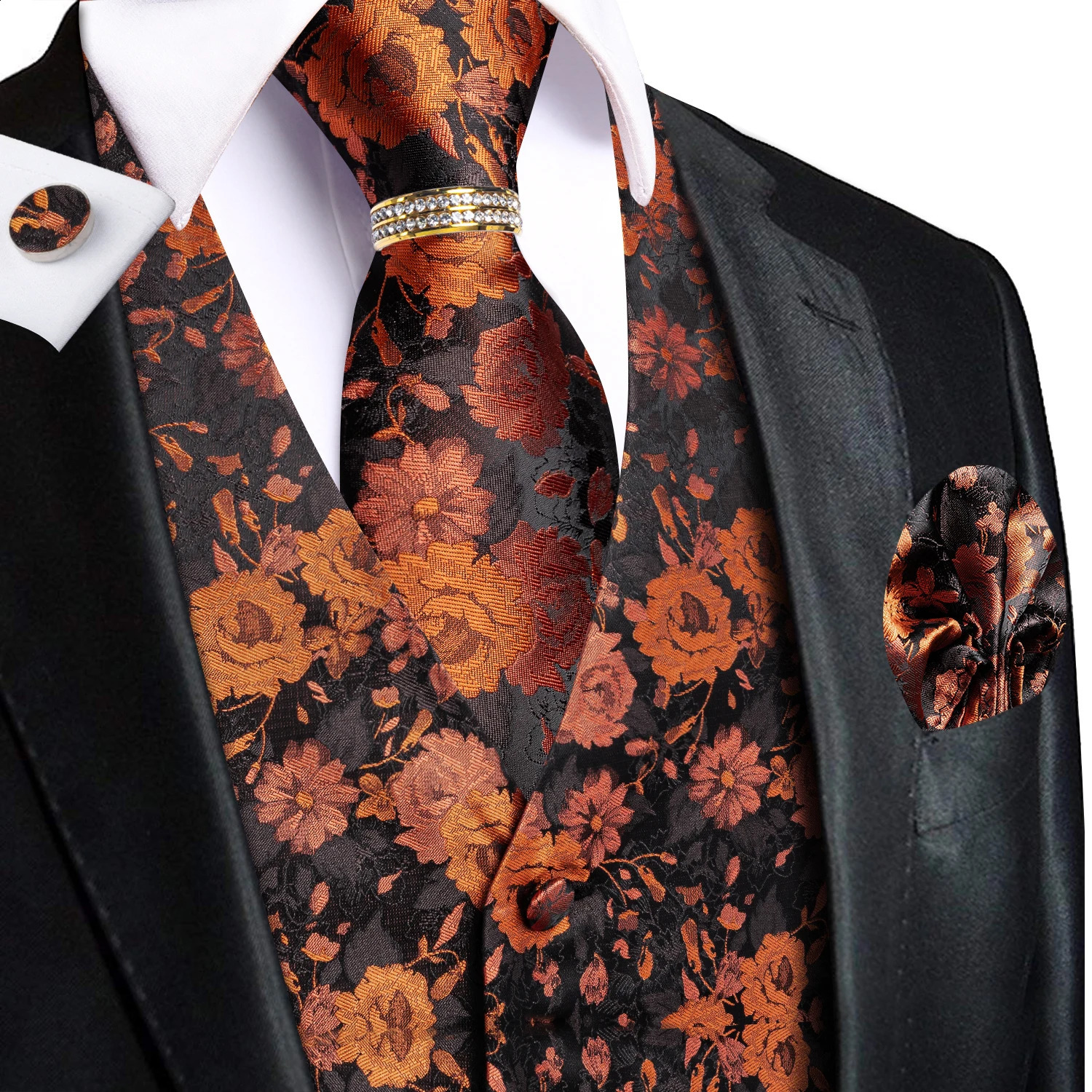 Black Brown Floral Mens Waistcoat 5Pcs Set Vest Necktie Pocket Square Cufflinks Ring Formal Suit Kit for Wedding 260917