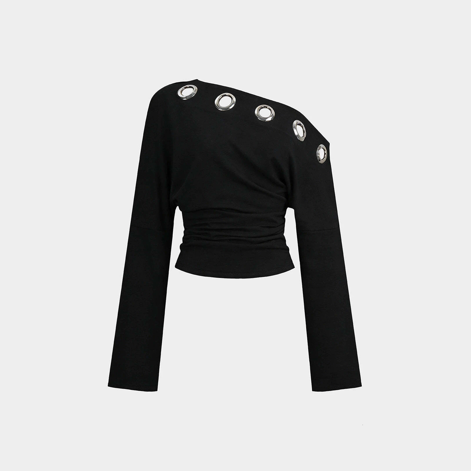 Spring autumn season, trendy white off-the-shoulder long-sleeve top for women, featuring metal eyelet embellishments and a fitted, ruched design 57