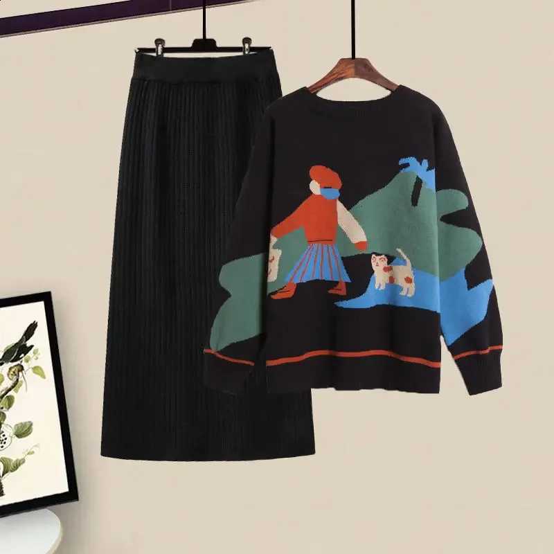 Women's Autumn Winter Retro New Knitwear Outfits Falls Casual Loose Sweater Pullover Tops Knit Skirts Sets Lady Fashion SuitsW260915