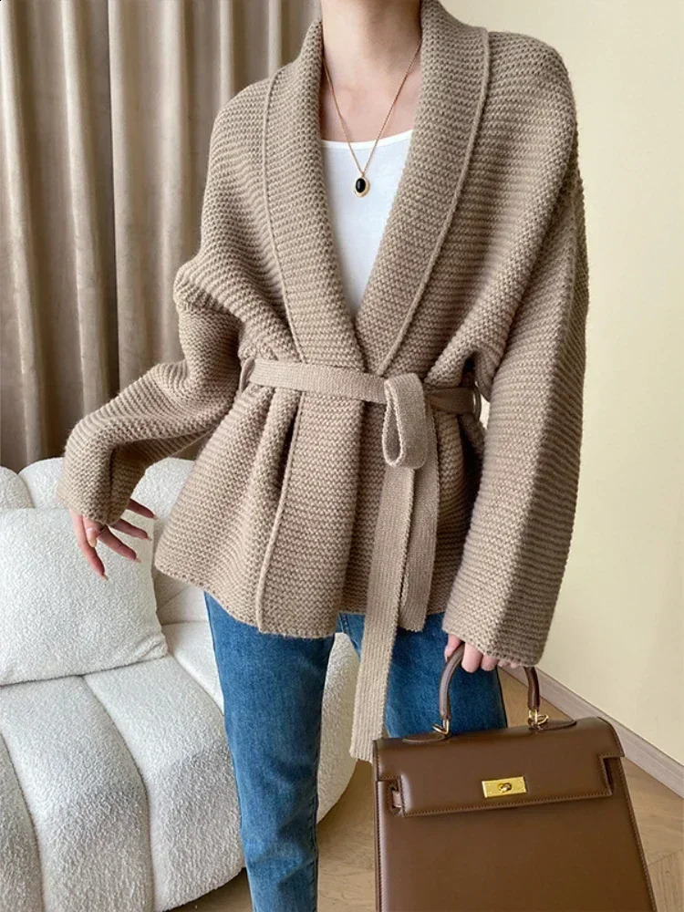 Women's Knitted Cardigan Sweater with Belt Loose Oversized Cardigans Solid Khaki Warm Lace Up Waist Fashion Coats for Women 260917