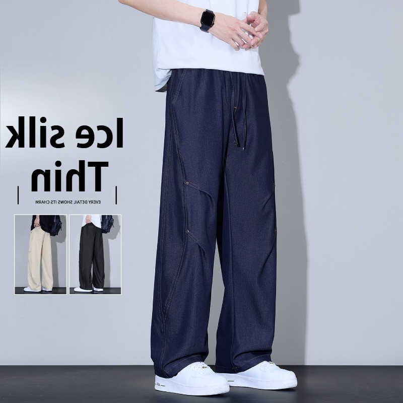 Vintage Dark Men's Wash Lyocell Jeans Baggy Wide Leg Denim Pants Elastic Drawstring Waist Streetwear Y2K Casual Draped TrousersT260917