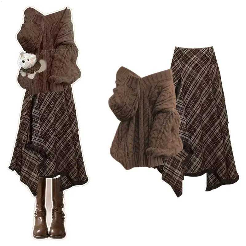 Vacation Style Travel Outfit Autumn Chic Soft and Sticky Sweater Paired with Design Sense Plaid Niche Skirt Two-piece SetW260915