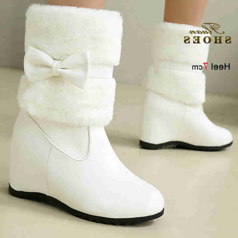 Snow Winter White Bow Women Boots Round Toe Soft Warm Cotton Shoes Internally Raised Heels 7cm Ladies Short Plush Mid-Calf Boots D260917