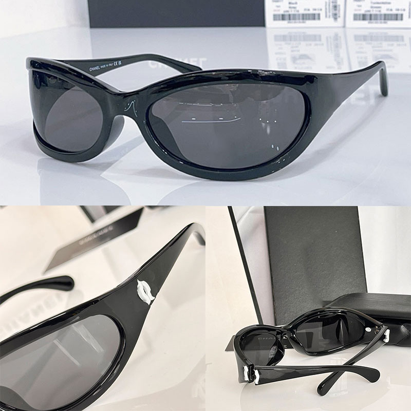 SHIELD SUNGLASSES Grey acetate adhered to oval frame Grey lenses Logo opening closing design Ladies luxury workplace designer sunglasses CH71763