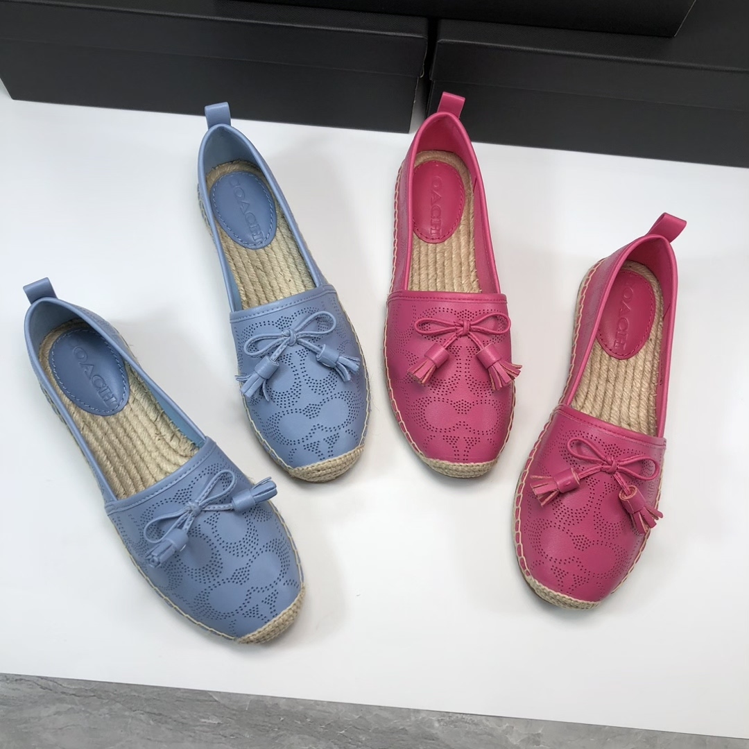 Designer Luxury Shoe Ladies Casual Loafer Espadrille Flat Slip On Spring Summer Beach Vacation Travel Tassel Bow Cutout Leather Pink Perforated Wove