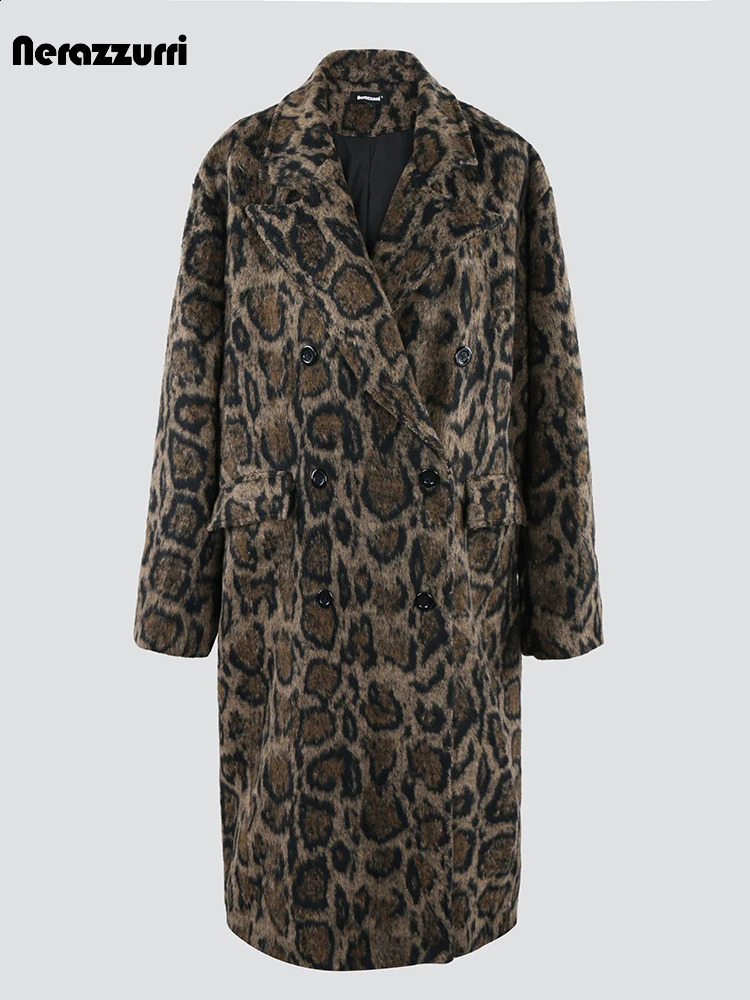 Nerazzurri Autumn Winter Long Loose Casual Leopard Print Woolen Coat Men 260916
