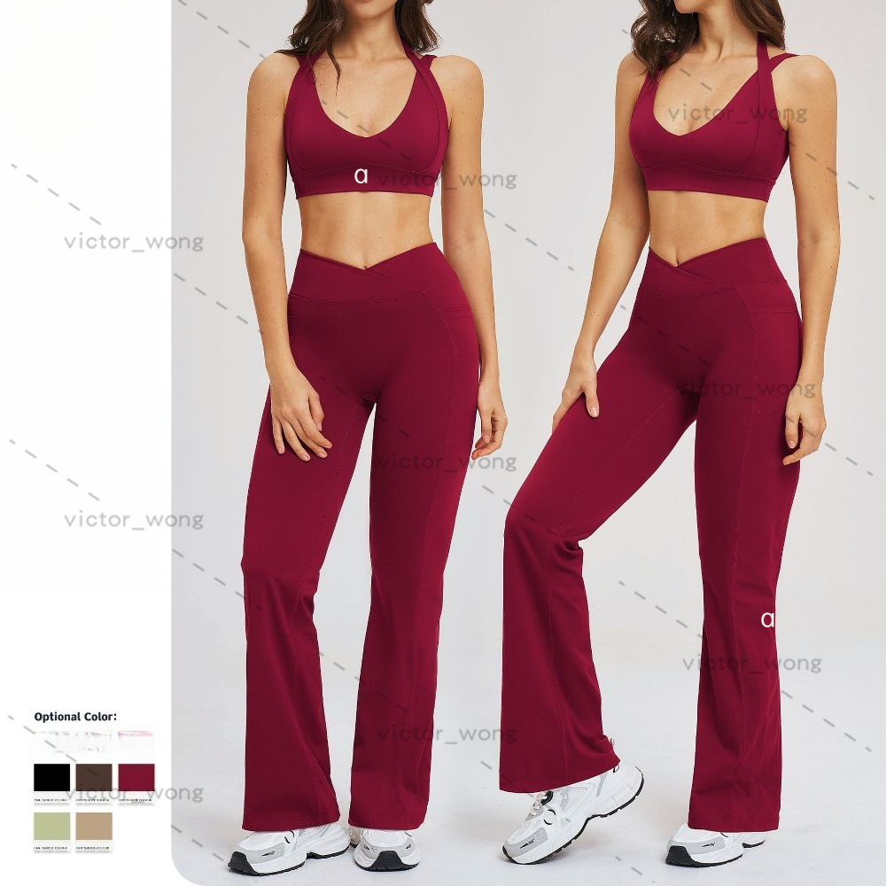 2539 Designer Women 2 Piece Yoga Outfit Halter V Neck Sports Bra Crossover High Waist Flared Leggings Fitness Activewear Set