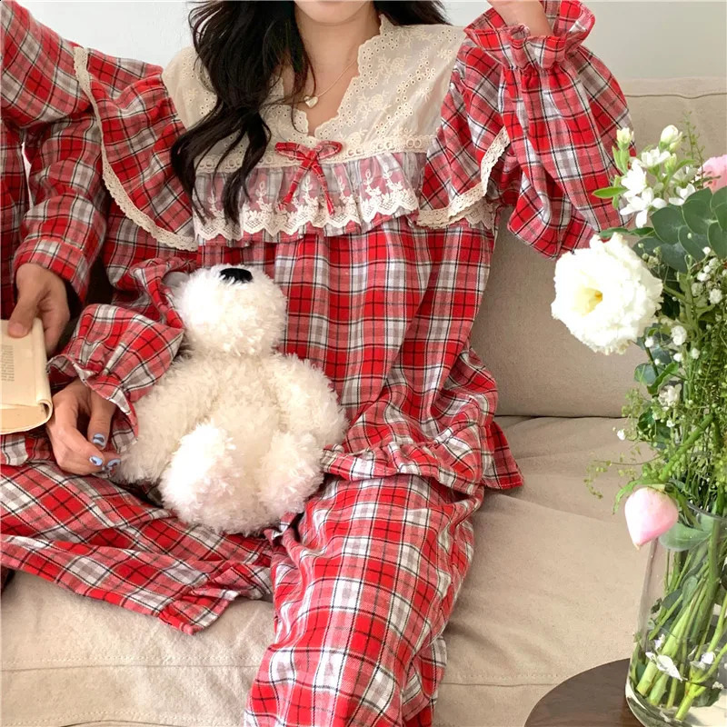 Loose Casual Couple Pajamas Sweet Lace Vintage Red Plaid Thick Nightwear Autumn Winter Princess Style Christmas Homewear D711 260916