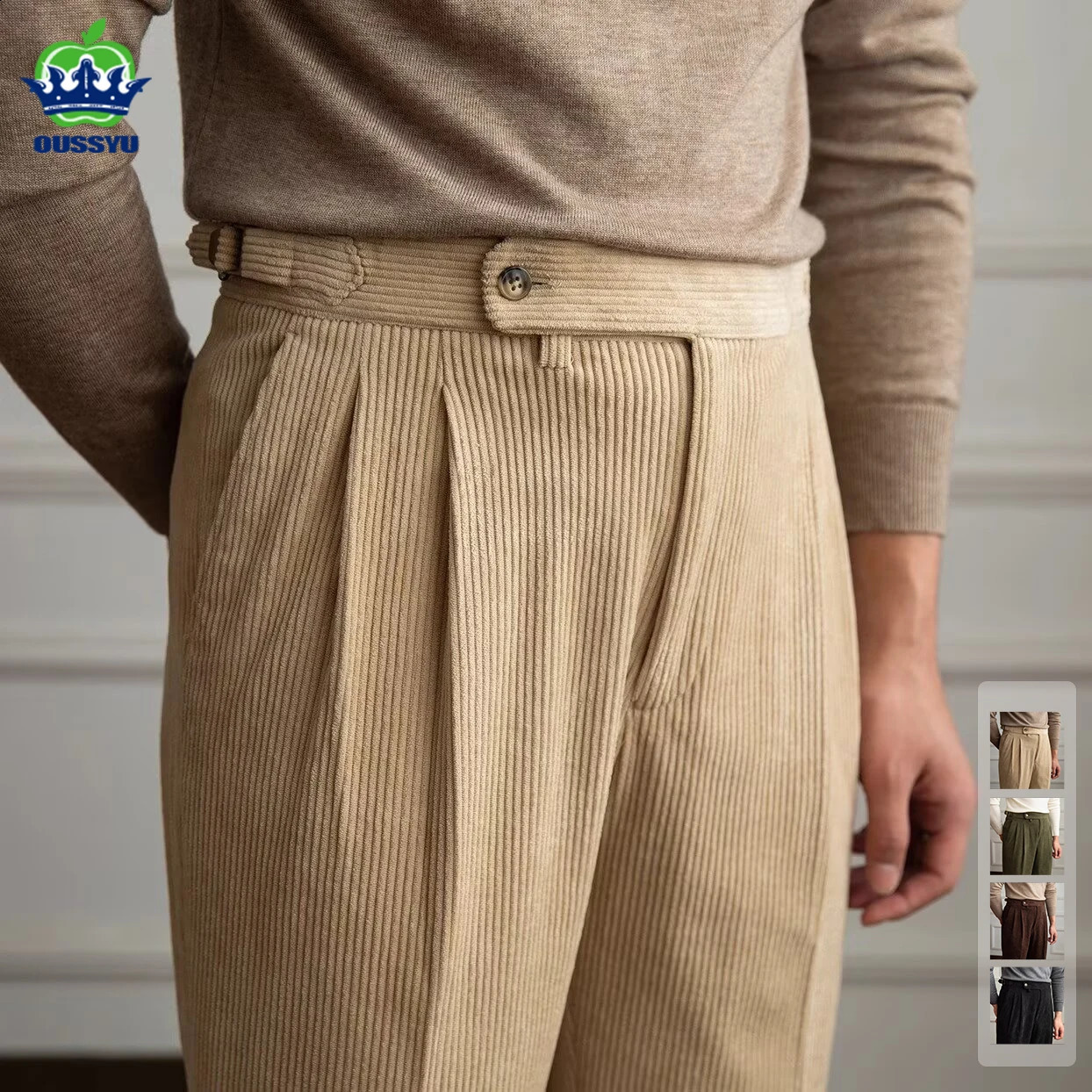Classics Italian Naples Style Men's Suit Corduroy Pants Men High Waist Straight Work Formal British Business Trousers Male 260917