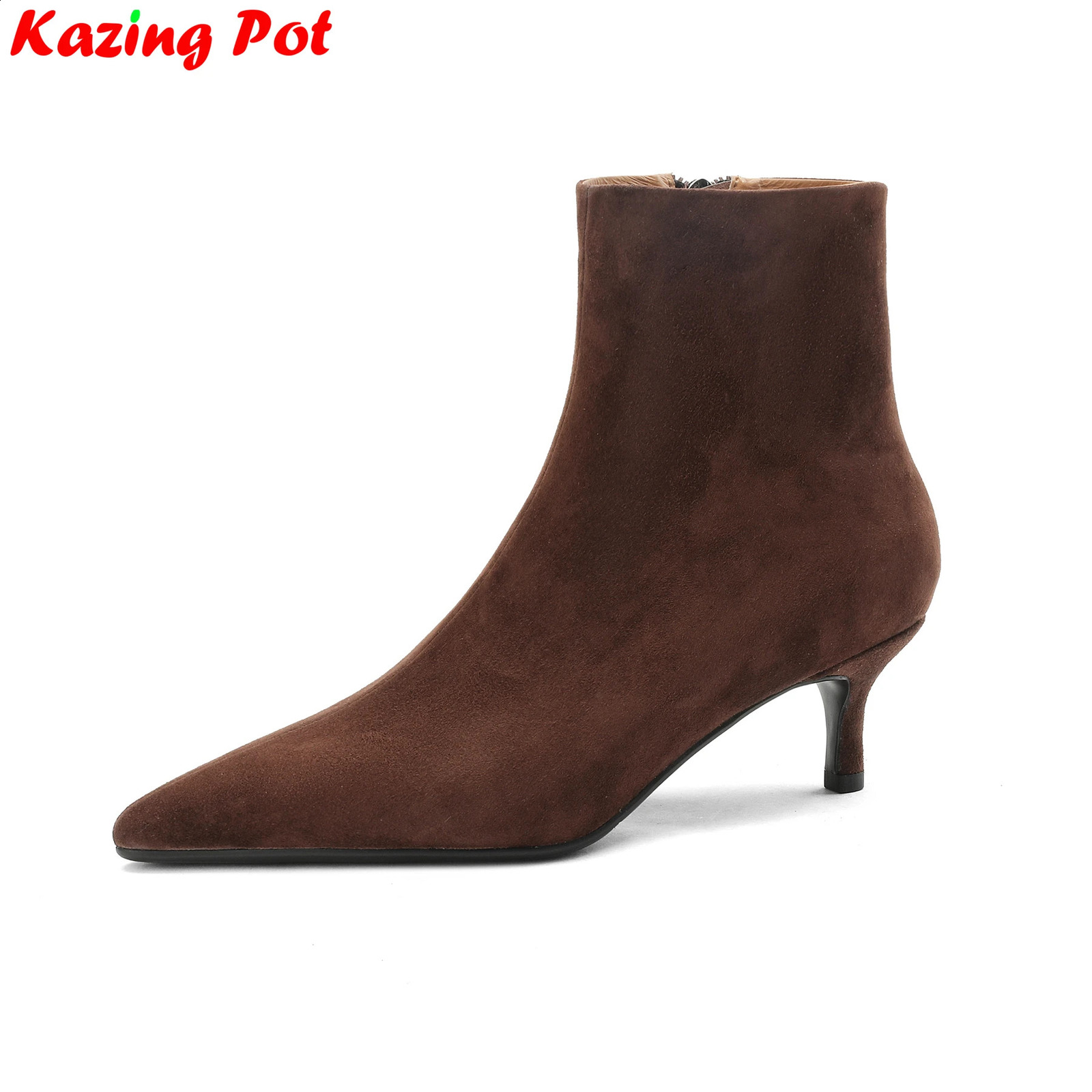 Krazing Pot Big Size Cow Suede Pointed Toe High Heels Modern Boots Winter Warm Shoes Dating Wedding Party Sexy Women Ankle Boots 260917