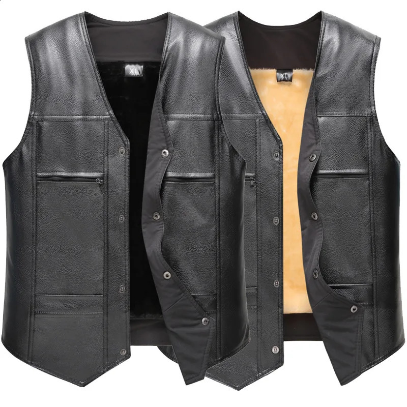 Autumn Winter Men Leather Vest Fleece Lining Warm Waistcoat Fashion V-neck Sleeveless Vest Jacket Handsome Motorcycle Vest 260917
