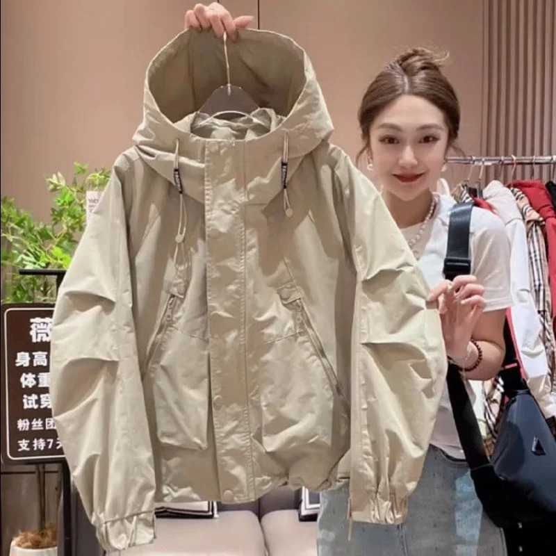Short Korean Style Fashion Autumn Loose Versatile Casual Waterproof Hooded Jacket Top for Women 260916