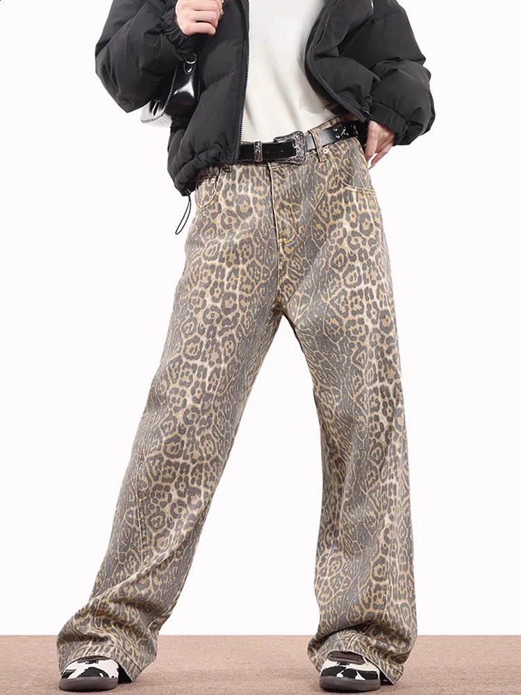 American Style Leopard Wash Jeans Women Y2K Retro Street Girl Loose Casual Pants High Waist Straight Leg Jeans 260917