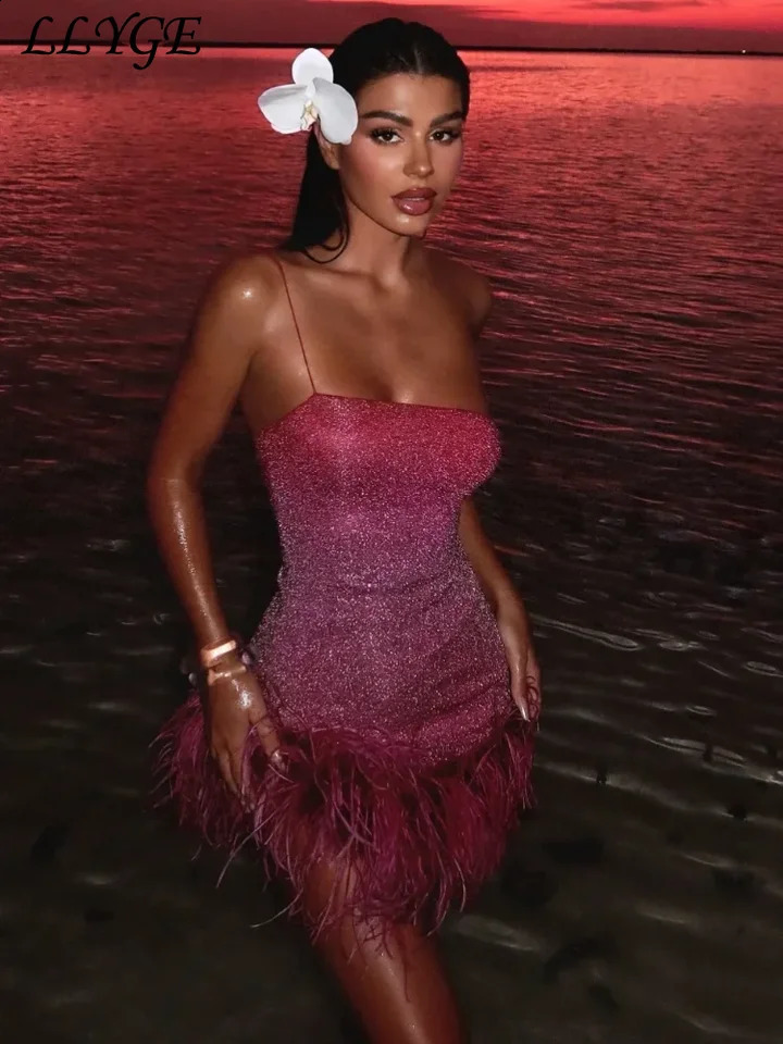 Sexy Feather Sequined Gradient Short Dress Women Shiny Backless Sleeveless Sling Party Dresses Summer Lady Y2k Beach Robe 260917