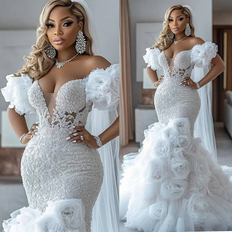 Arabic Aso Ebi Ivory Dress 2026 Mermaid Bridal For Bride Off Shoulder V Neck Sexy Flora Tiered Tulle Charming Wedding Gowns D600 Q916