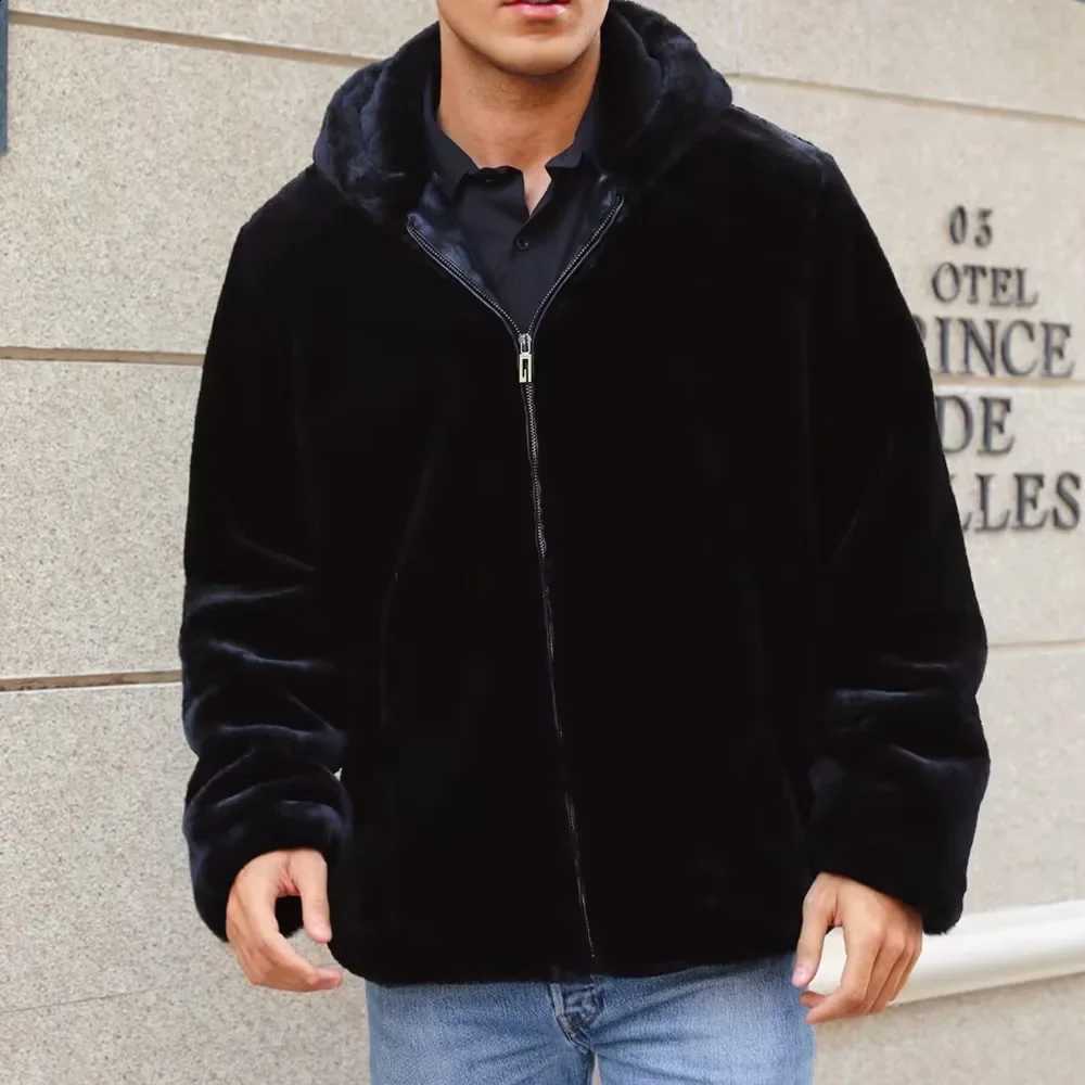 Hooded Faux Fur Jacket Men Coat Winter Thick Fluffy Long Sleeve Warm Shaggy Outerwear Fur Jacket Bontjas Jackets Mens W260915