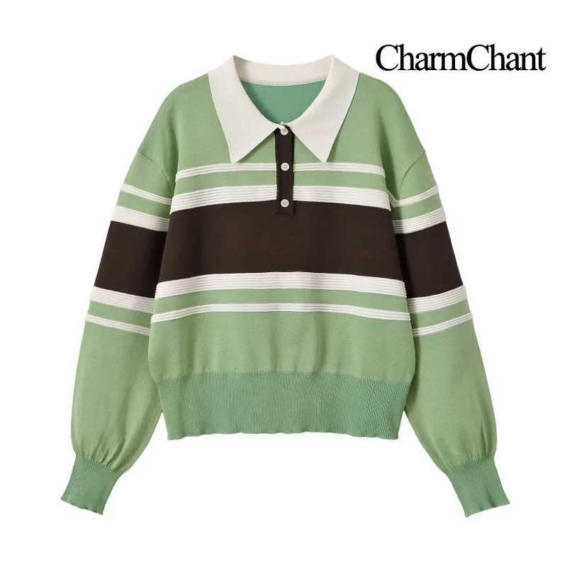 CHARMCHANT Women's Polo Collar Knit Top Long Slve Color Block Striped Loose Fit Cropped Pullover Sweater Casual Wear Fall 2026 S260917CZCM