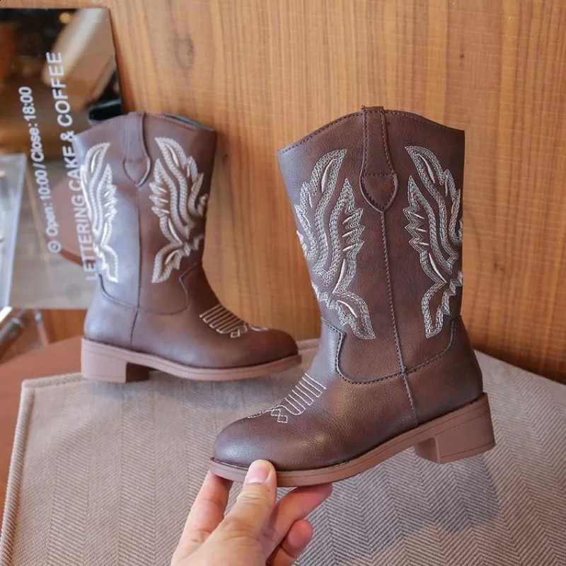 2026 Children's PU Leather Shoes Classic Western Cowboy Embroidery Girls Long Boots Kids Autumn Soft Sole Retro Princess Boots 260916