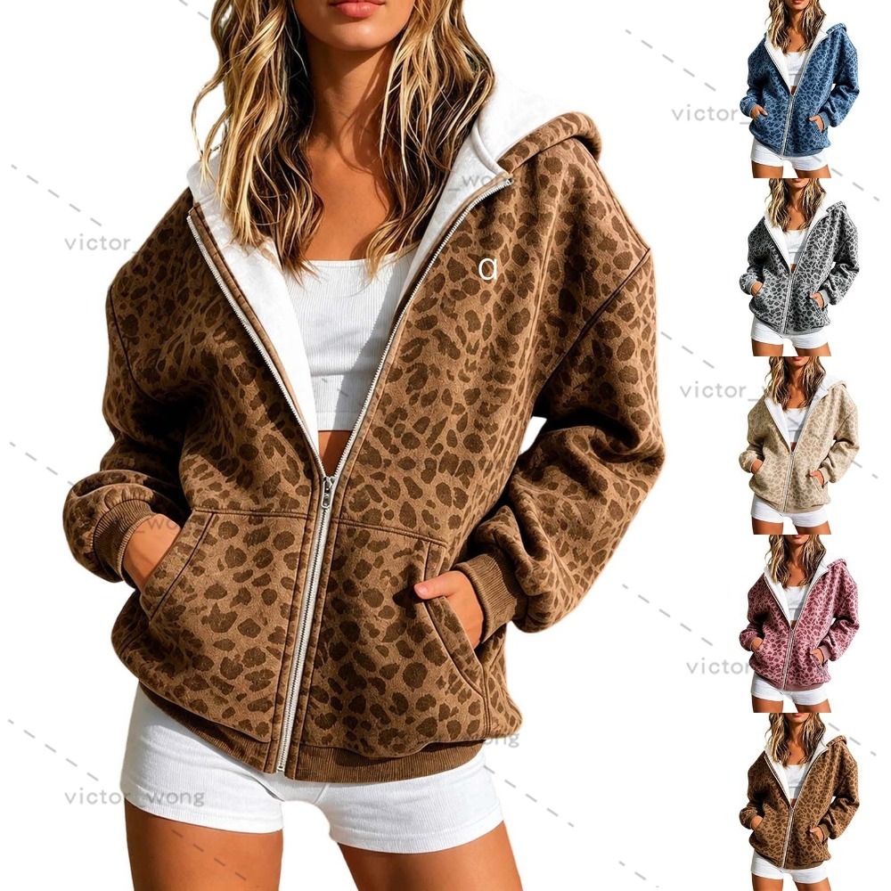 26FC189 Designer Women Hoodie Jacket Leopard Print Zip Up Contrast White Lining Long Sleeve Oversized Casual Sweatshirt Coat