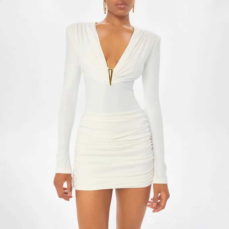 color Classic solid casual low neck pleated long sleeved mini slim fit short dress C260917