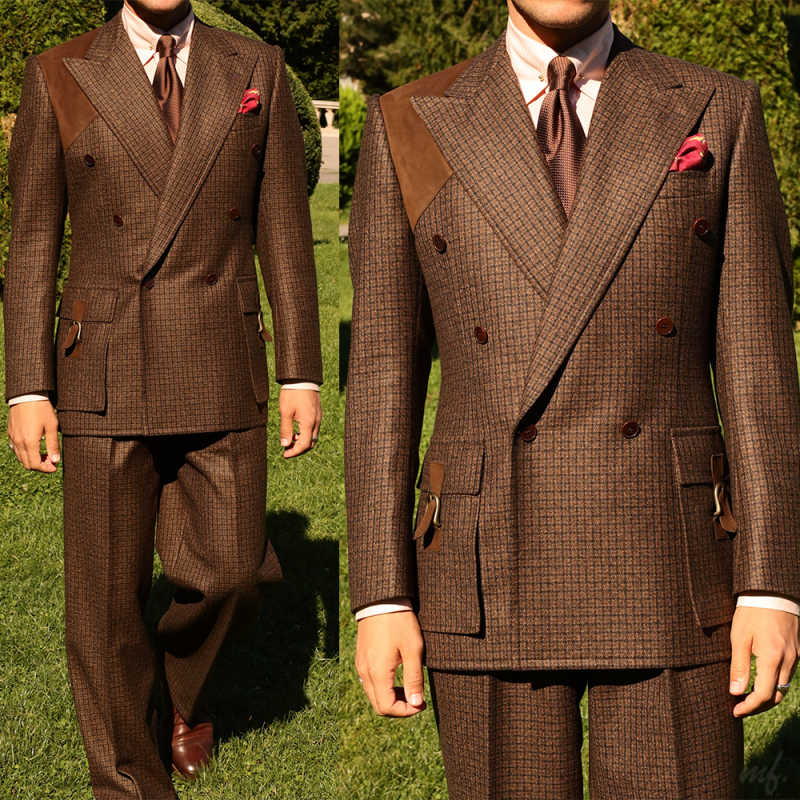Handsome Plaid Mens Suits 2 Pieces Jacket Pants Double Breasted Formal Business Office Commuting Wear Customized Chaqueta Hombre
