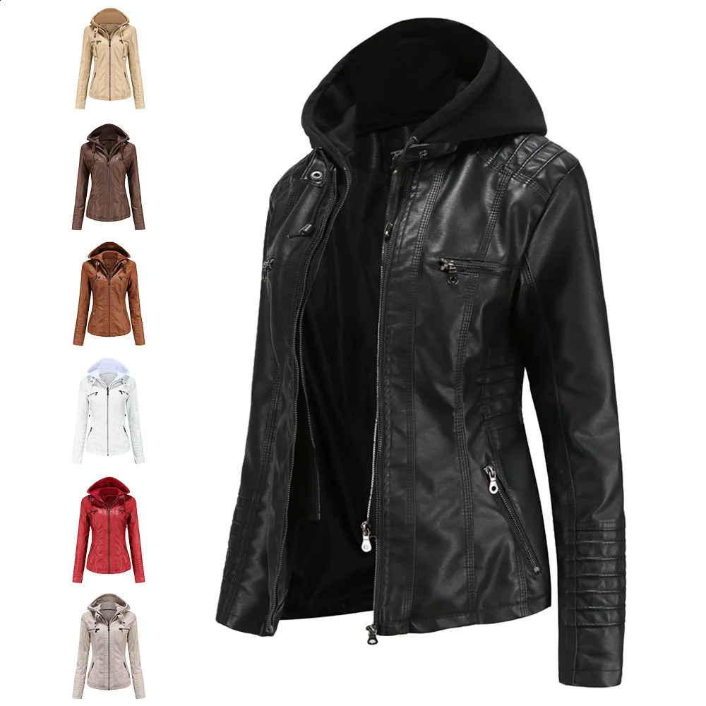 CRKJ 2026 Spring Autumn Women's Leather Coats Hooded Removable Zipper Jacket Female Pocket Pure Color Motorcycle Jacket 260916