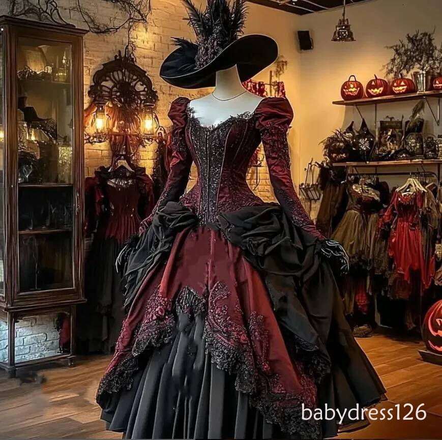 Vintage Victorian Corset Prom Dresses Ruched Burgundy And Black Gothic Masquerade Ball Gowns Queen Halloween Special Occasion Dress Long Sleeves Flo