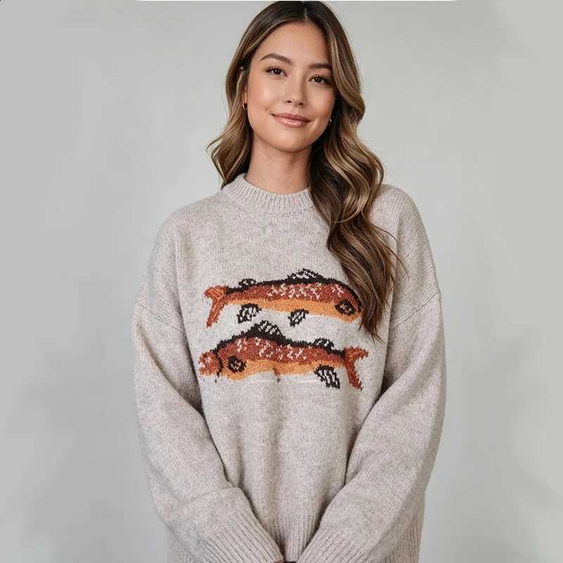 American Retro Pisces Printed round Neck Sweater Women's Lazy and Loose Soft Glutinous Casual Pullover Knitted Top Ins Style X260916