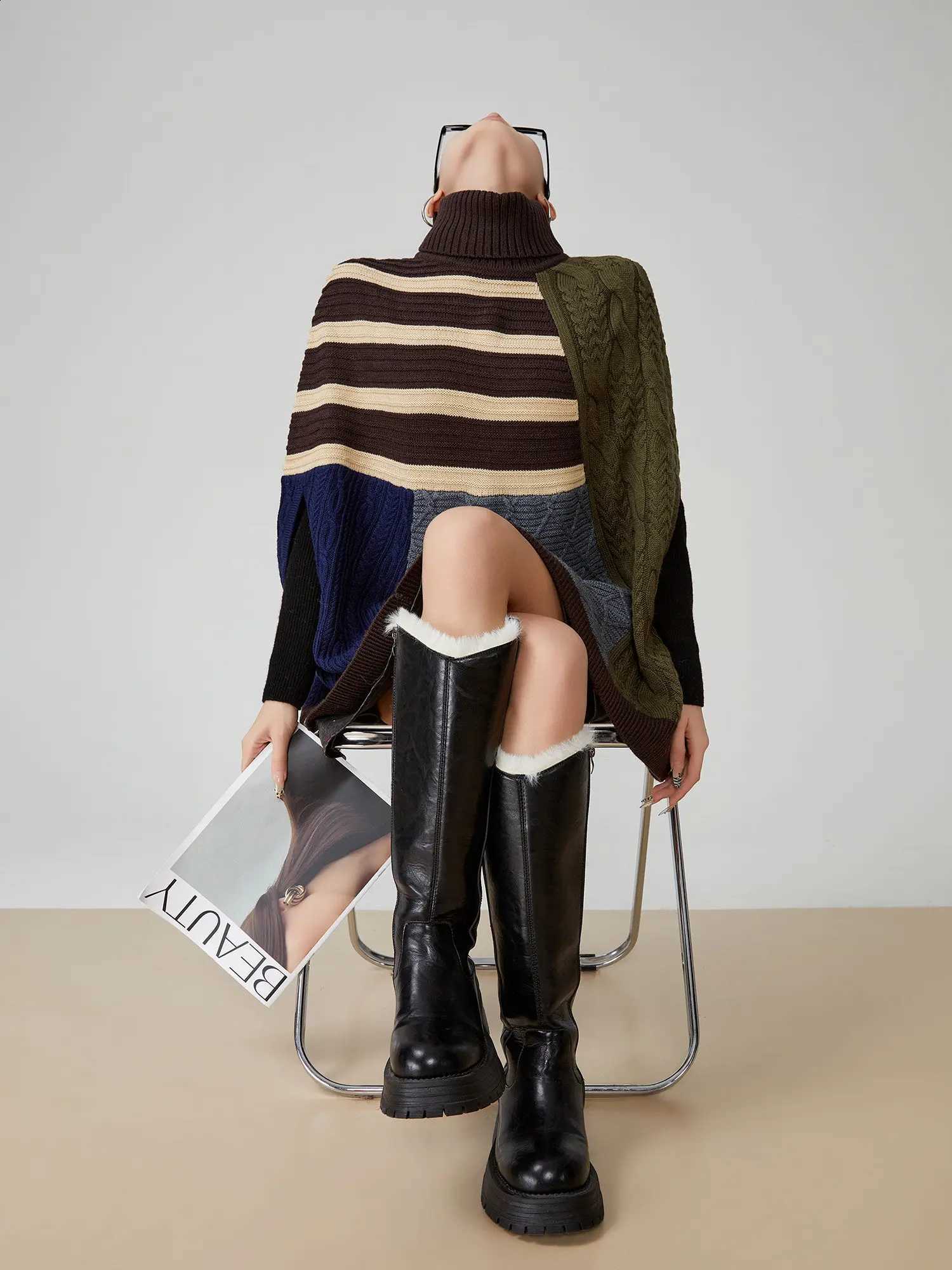 Cape Knit Sweater Women 2025 Spring American Retro Patchwork High Neck Loose Fit Korean Style Fashion Top2025 J260916