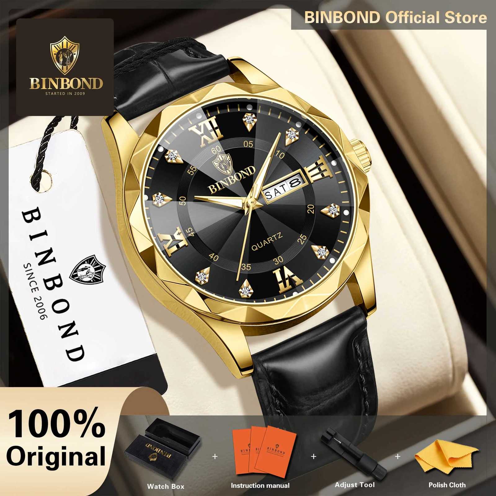 BINBOND Orginal Luxury Precise Quartz Watch For Men Auto Date Luminous Waterproof Men's Watches Leather Strap Reloj Hombres +BoxT260916