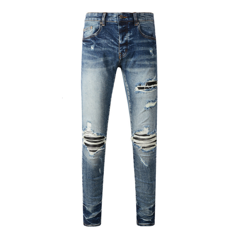 Amrirjeans Men's Jeans European American High Street Fashion Distressed Blue Washed Ripped Leather Trendy Brand Elastic Tight Fitting Miriamiri