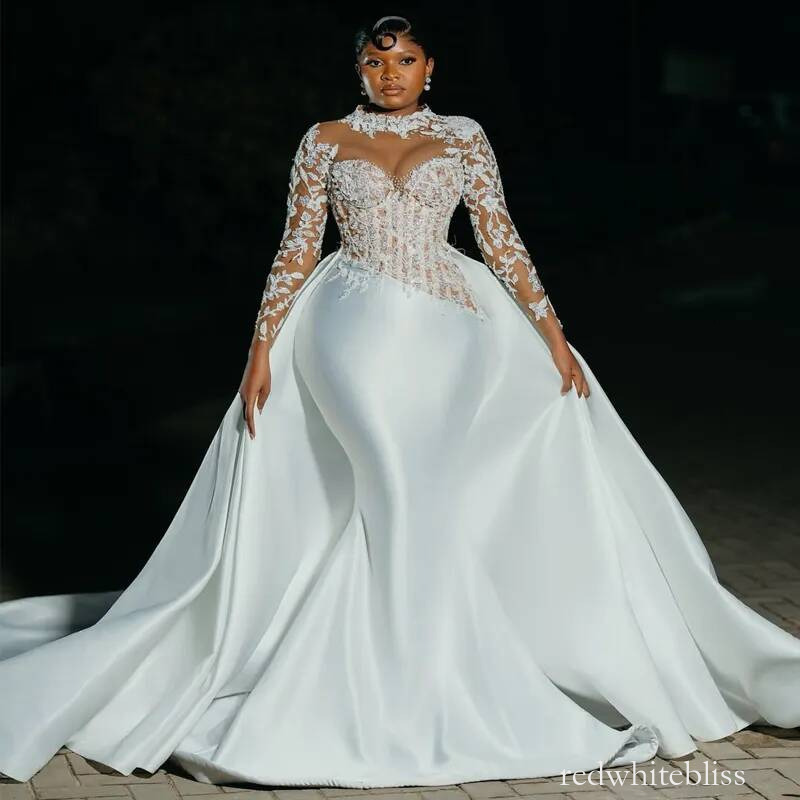 Gorgeous Plus Size African Wedding Dresses With Detachable Train Luxurious Mermaid Beaded Lace Rhinestones Bridal Dress