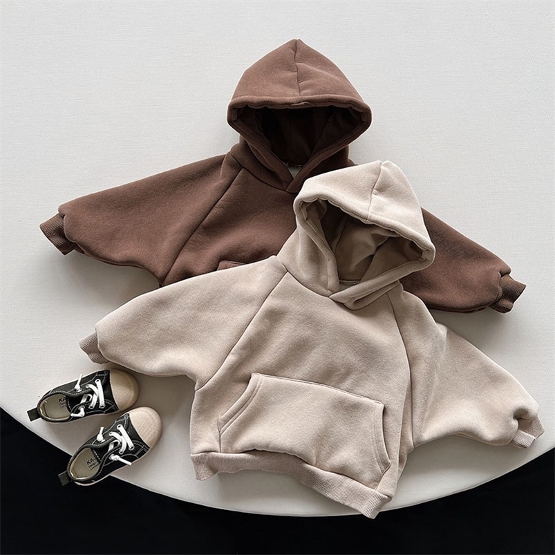 Winter Fleece Solid Hoodies Baby Boys Casual Loose Pocket Allmatch Hooded Top Girls Simple Thick Pullover Cotton Clothes 260916
