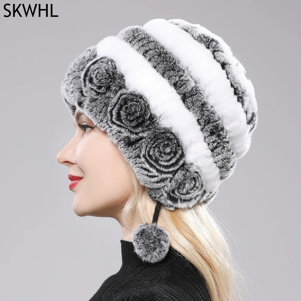 Winter Women Flowers Striped Natural Rex Rabbit Fur Hats Lady Warm Knit Genuine Fur Caps Russian Outdoor Fur Hats 260917