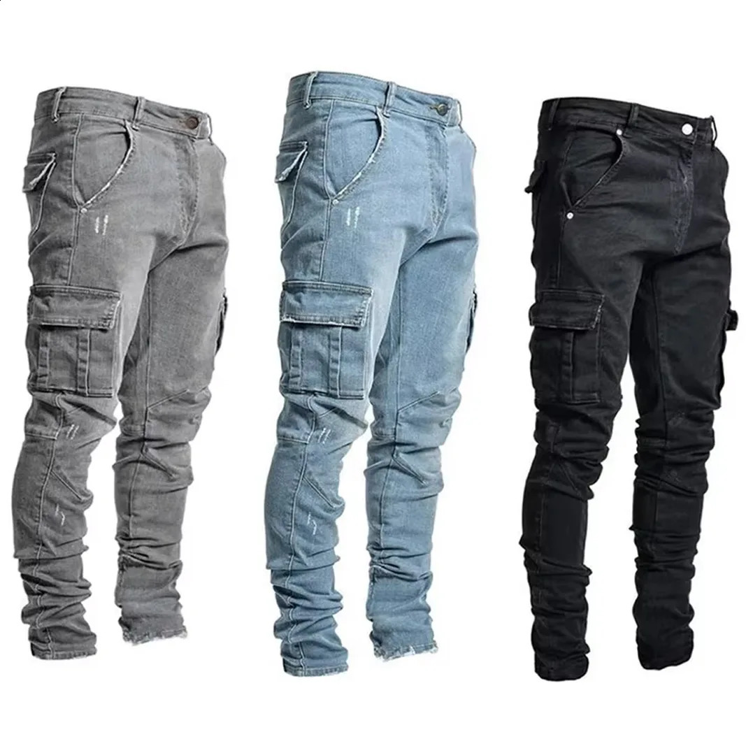 Men Casual Pencil Jeans Male Elastic Multi Pocket Small Slim High Street Denim Pants Wash Solid Color Mid Waist Cargo 260917