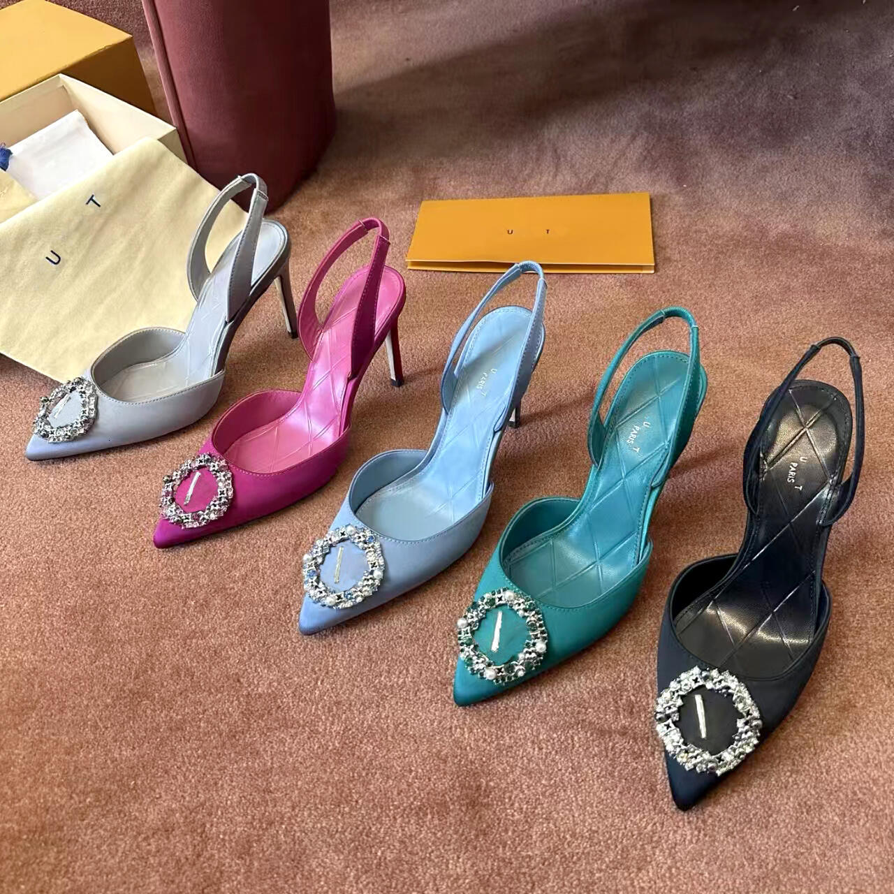 10A Womens Genuine Leather Satin Pointed Toe Slingback Pumps Rhinestone Pearl Circle Stilettos Elegant Designer Party Wedding Luxury High Quality Su