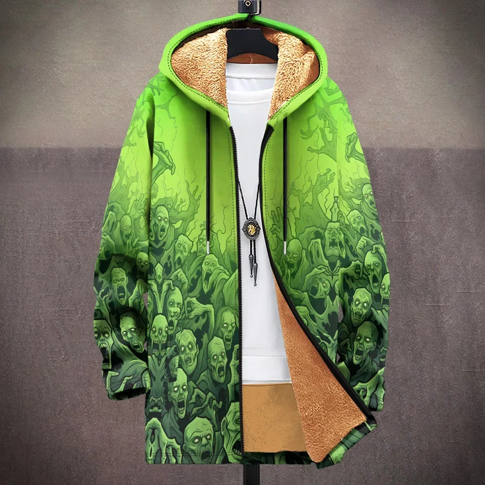 Men Cardigans Coats Trippy Line Art Skull Graphics Printed Plush Thick Winter Jackets Fashionable Streetwear Unisex Clothing 260914