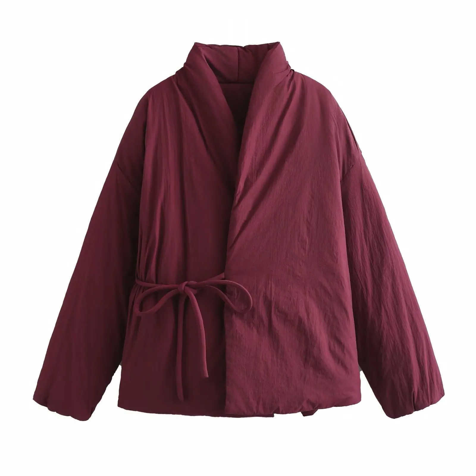 Women's Puffer Coat Kimono Style Long Sleeve Belted Cotton Jacket Asian Inspired Winter Wear H260917