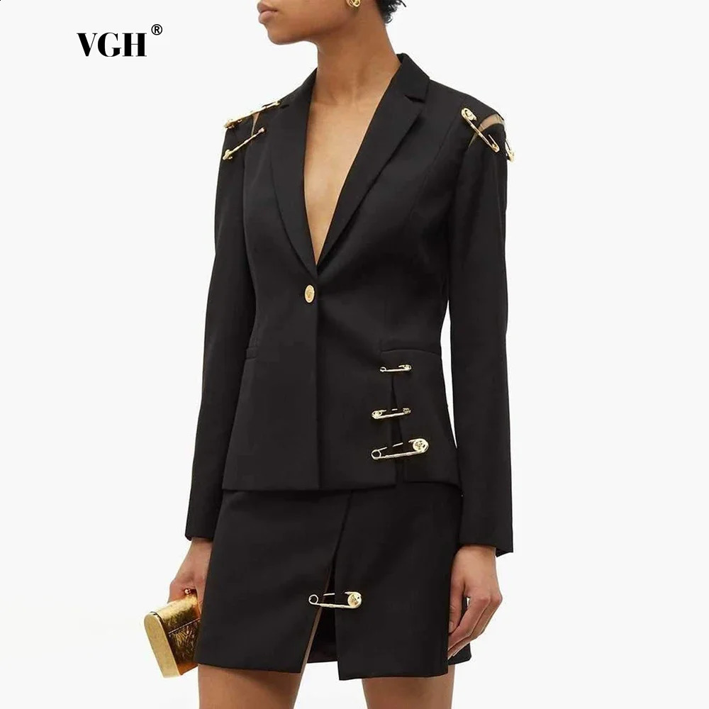 VGH Chic Spliced Metal Pin Slimming Blazer for Women Notched Collar Long Sleeve Patchwork Mesh Hollow Out Fashion Jacket Female 260917