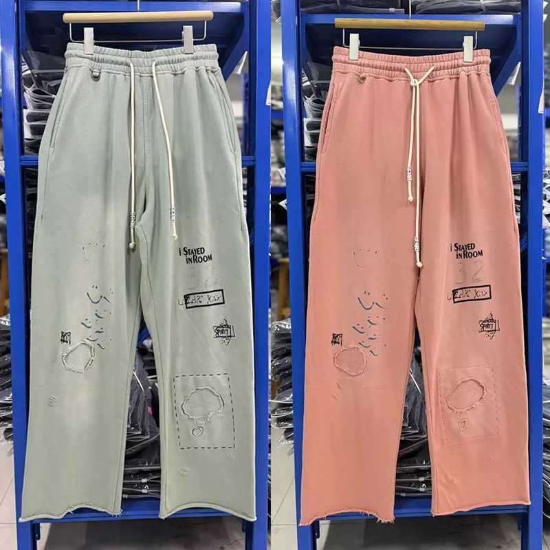 Men Women Jogger Drawstring Letters Splash-Ink Paly Patch Sweatpants 100% Cotton Vintage Blue Rhinestone Casual Pants Tags Q260917