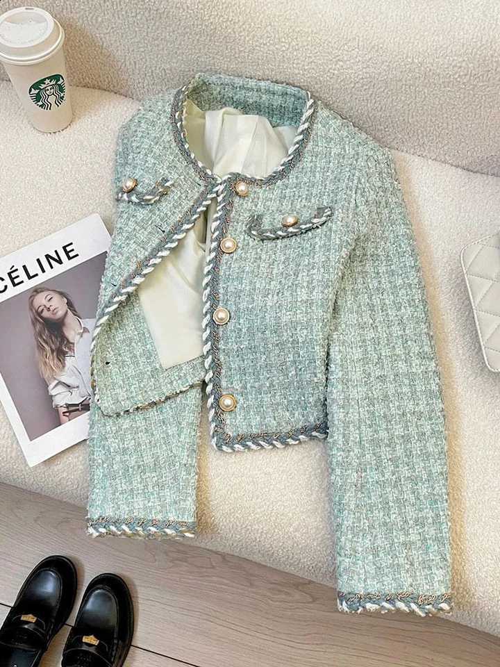 Crop Chic Button Coats Women Spring Autumn Long Sleeve O Neck Elegant Jacket French Fashion Exquisite Office Lady Tweed Outwear C260917