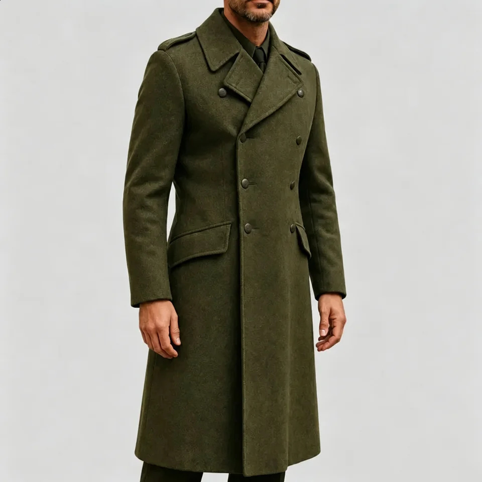 Vintage Army Green Men's Wool Overcoat Slim Fit Military Lapel Double Breasted Winter Thick Business Outerwear Customized 260916