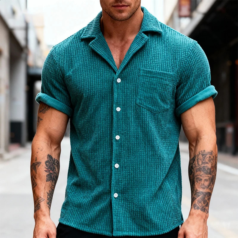Summer Clothing Men's y Corduroy Plaid Short Sleeve Shirts Casual Streetwear Buttondown Solid Color Breathable Vintage y260917