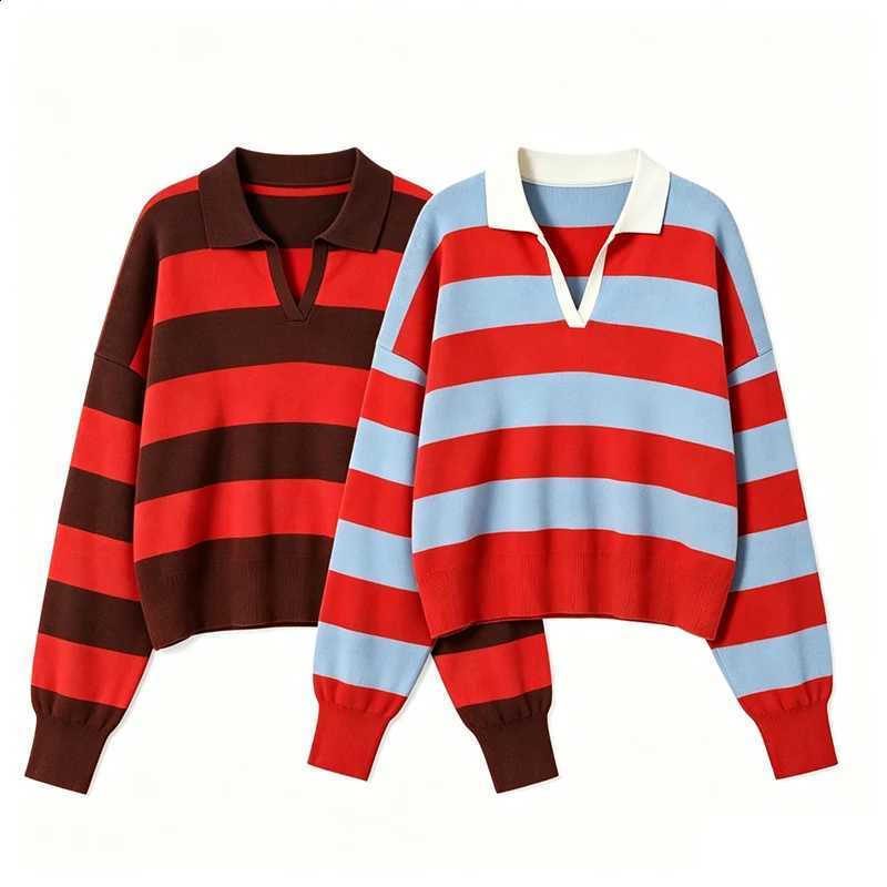 Women Fashion Striped Willshela Knitted Pullover Sweater Vintage Collar Long SLeeves Female Chic Lady Tops J260916