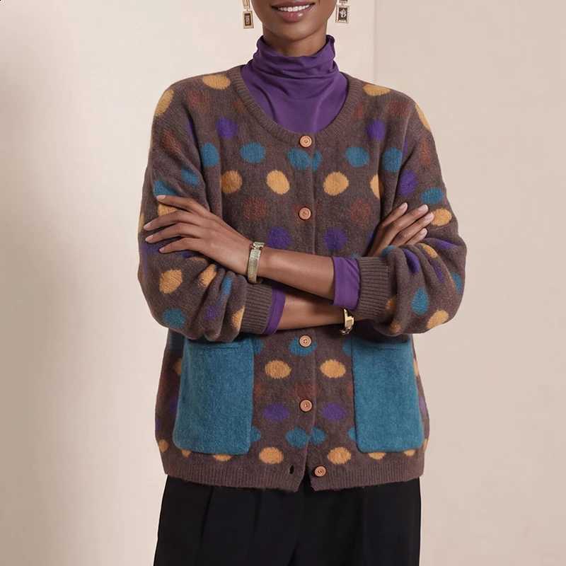 Sweater Knitted Retro Loose Coat Women Vintage Polka Dot Knit Cardigan O Neck Long Sleeve Button Color Contrast Patch Pocket Top J260916