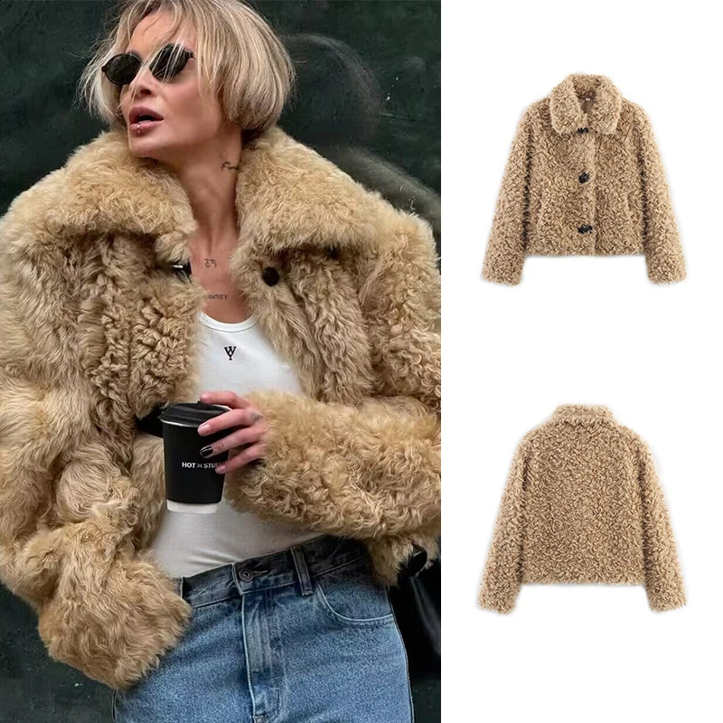 SLTNX Winter Women Lamb Hair Coat Khaki Big Fur Collar Artificial Jacket For Lady Fluffy Warm Female Eco 260917