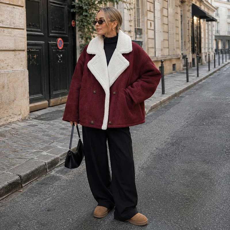 Fashion Women Thick Coat Turn-down Collar Double-breasted Loose Lamb Wool Jacket 2026 Autumn Winter New High Street Outerwear H260917