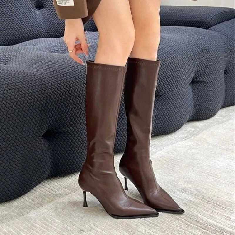Heels 2025 High New Women's Pointed Knee-length Female Boots Comfortable Stiletto Heel Soft Leather Women Shoes Zapatos De Mujer D260917