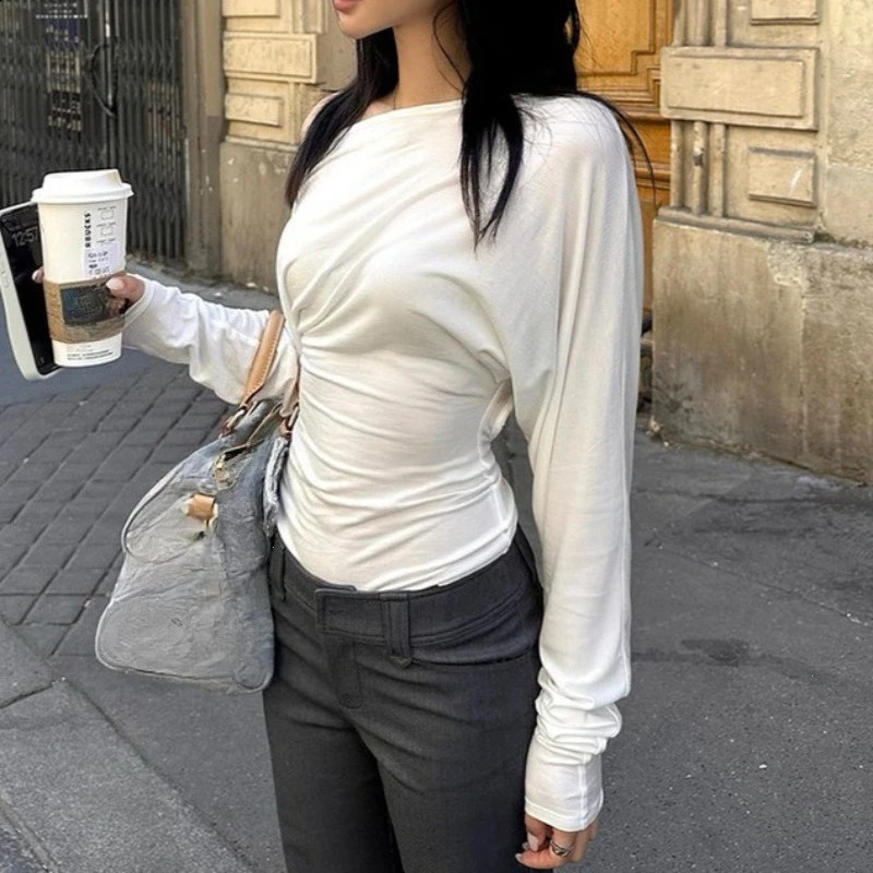 Autumn Fashion Sexy Inclined Shoulder Long Sleeve Backless Hollow Out T-Shirt Solid Casual Y2K Top Party Club Streetwear 260917