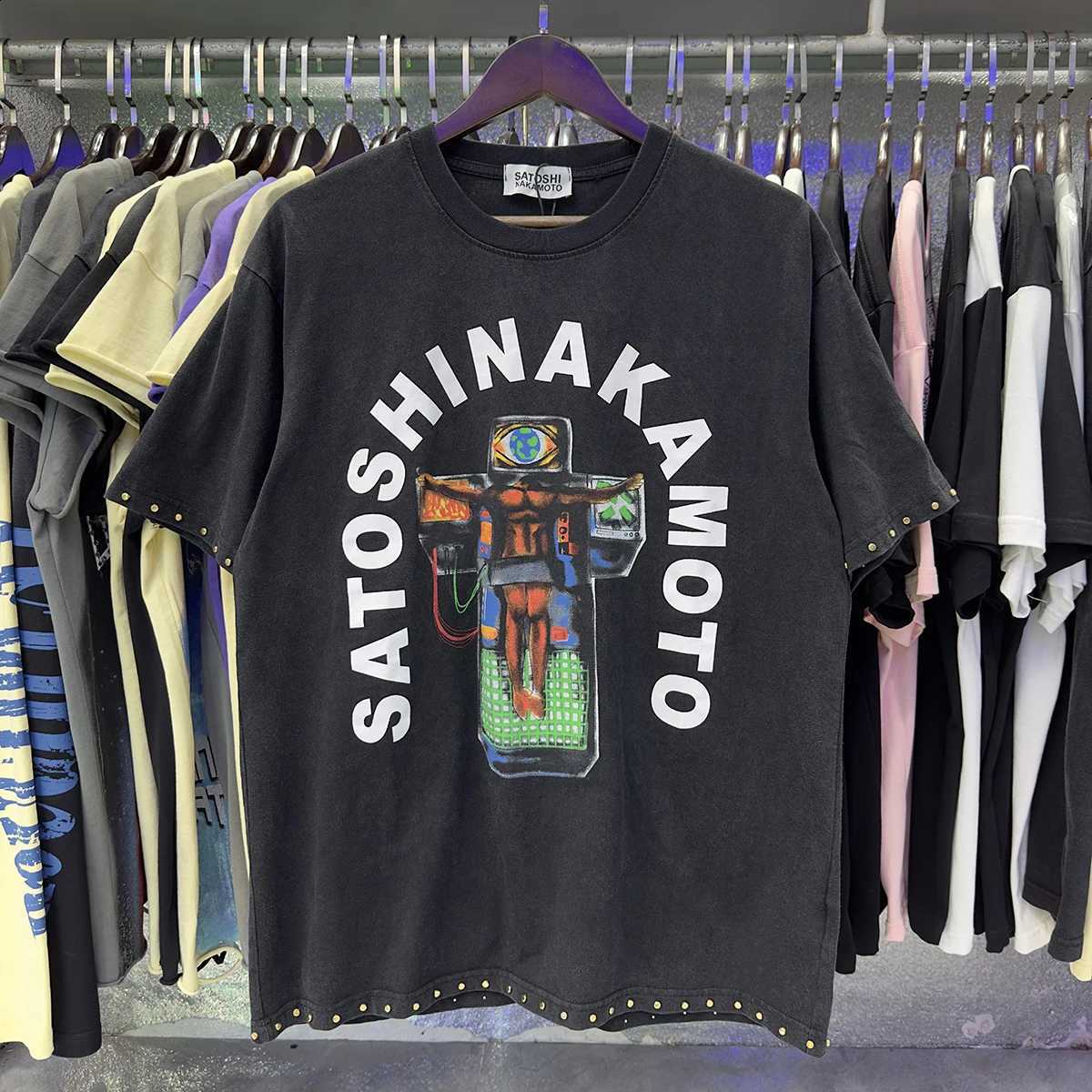 Free shipping New Satoshi Nakamoto fashion T-shirt hotfix rhinestone and Printed with Washed Oversized 100% cotton Men Women T-shirts Y2K Fashion st